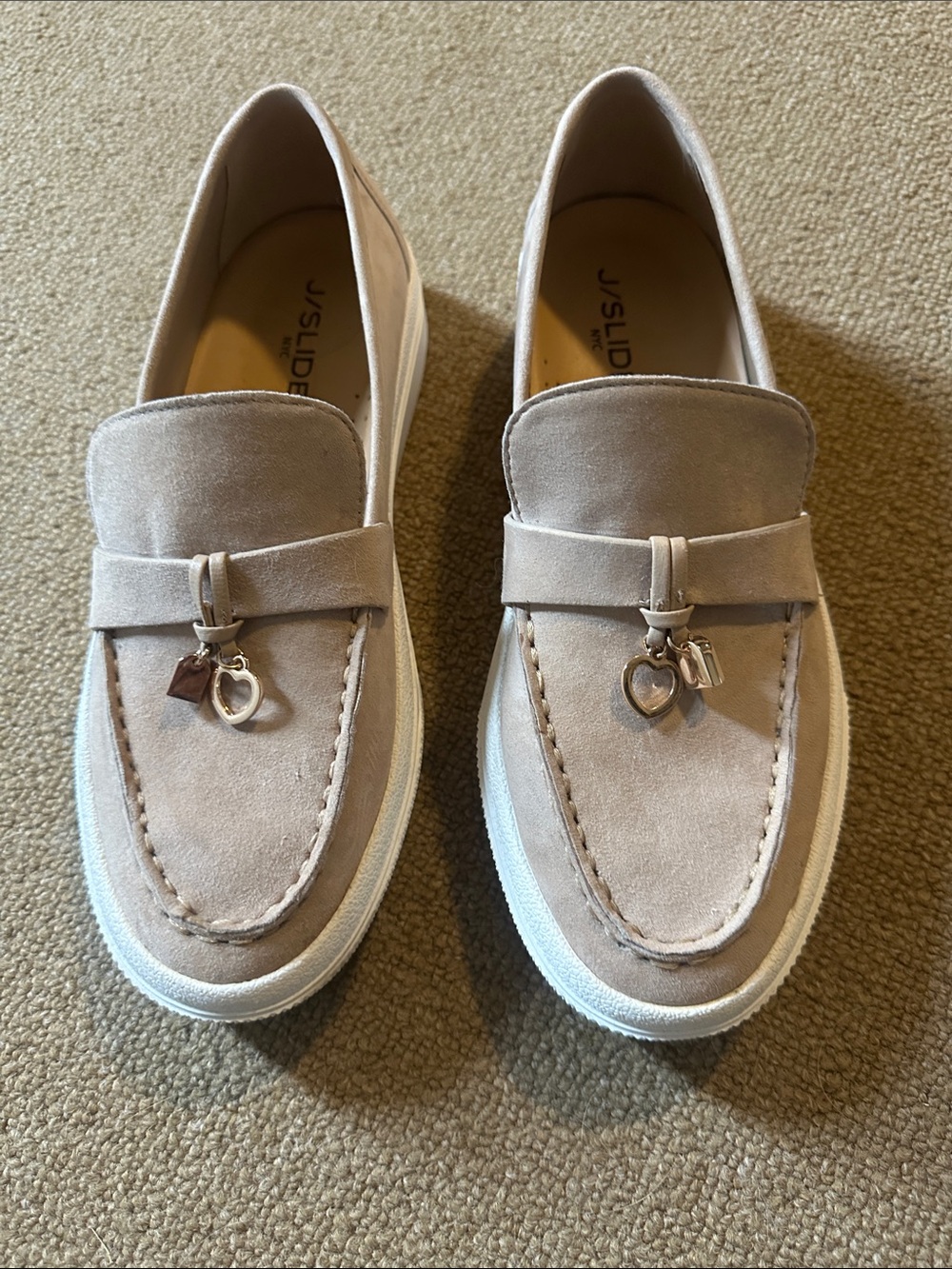 J/SLIDES Taupe Suede Slip-On Loafers with Heart Charm